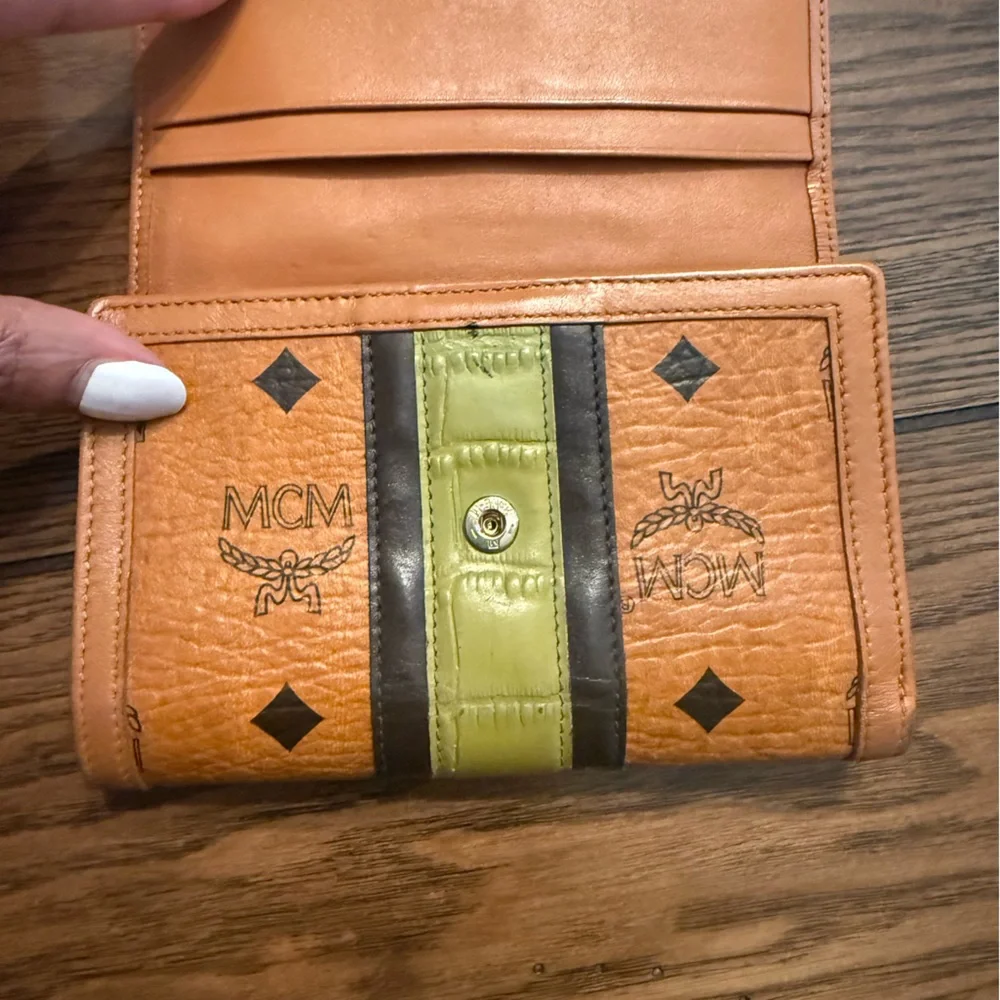 MCM Cognac Leather Wallet with Olive and Black Center Stripe - Picture 13 of 14